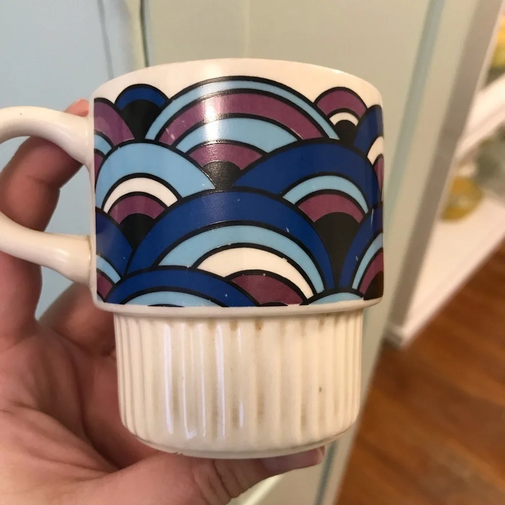 Vintage Coffee Cups Mid Century Modern Rainbow Arch Blue Purple White Set of 2